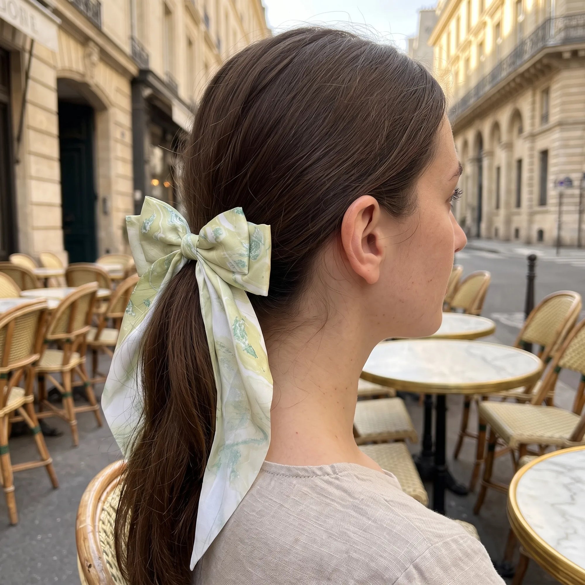 Celadon Mist long silk hair bow with Chinese lacquer-inspired marbling