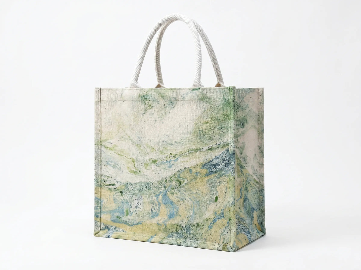 Moss and Mist hand-marbled Chinese lacquer art tote bag by Lacquer Fawn