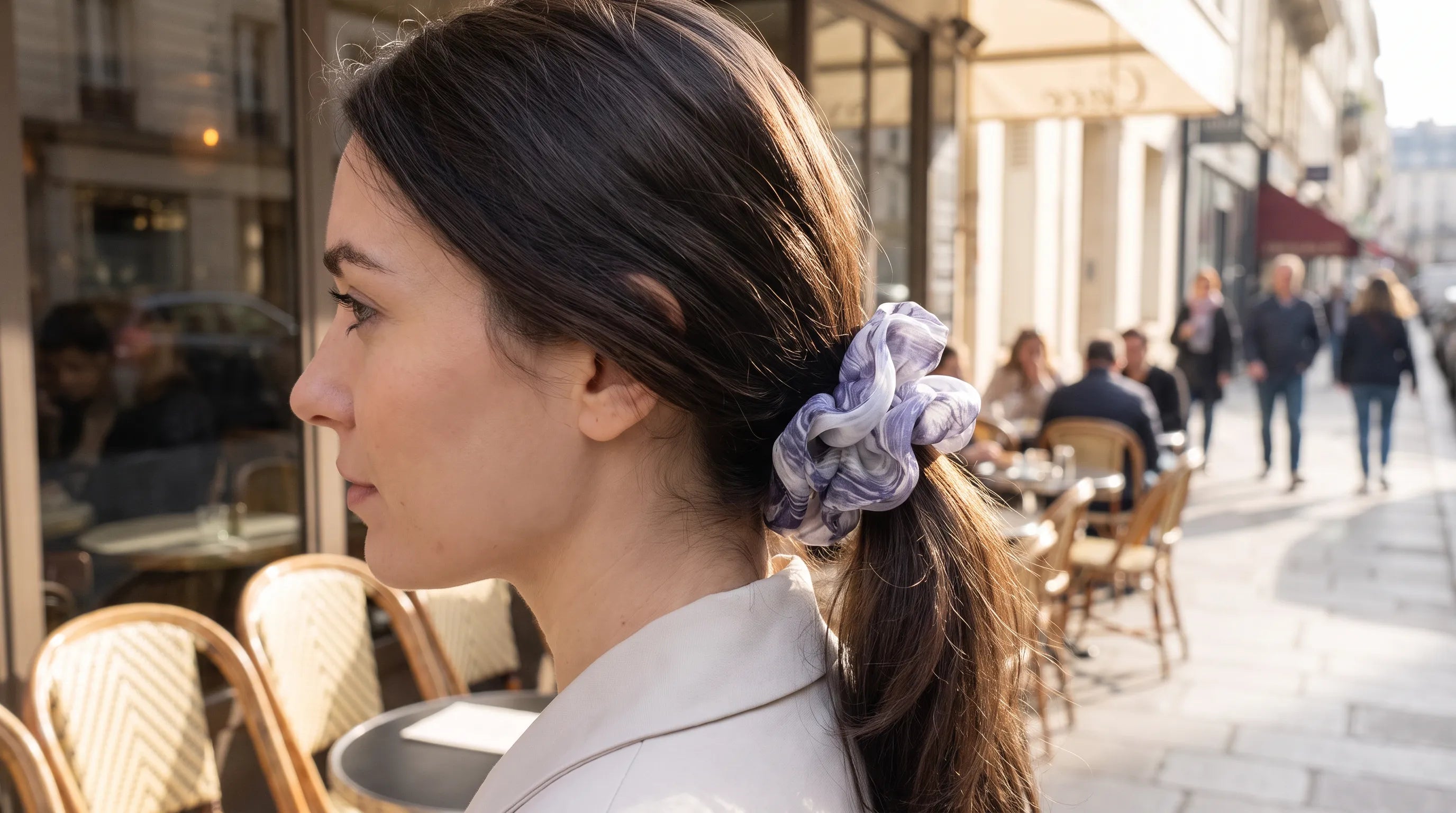 Indigo Swirl silk scrunchie with a blue and ivory marbled pattern