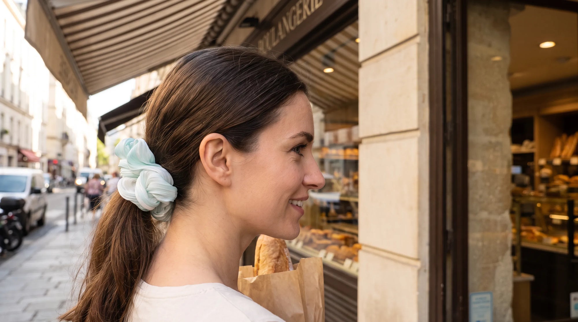 Mint Mist organza scrunchie with lacquer-inspired marbled color