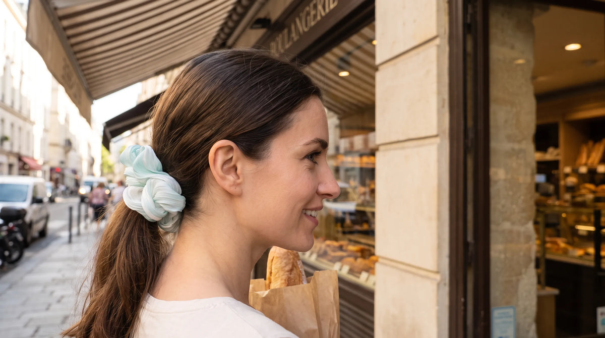 Mint Mist organza scrunchie with lacquer-inspired marbled color