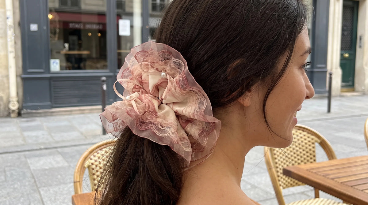Oversized Peach Blossom pearl scrunchie with marbled silk and ribbon details