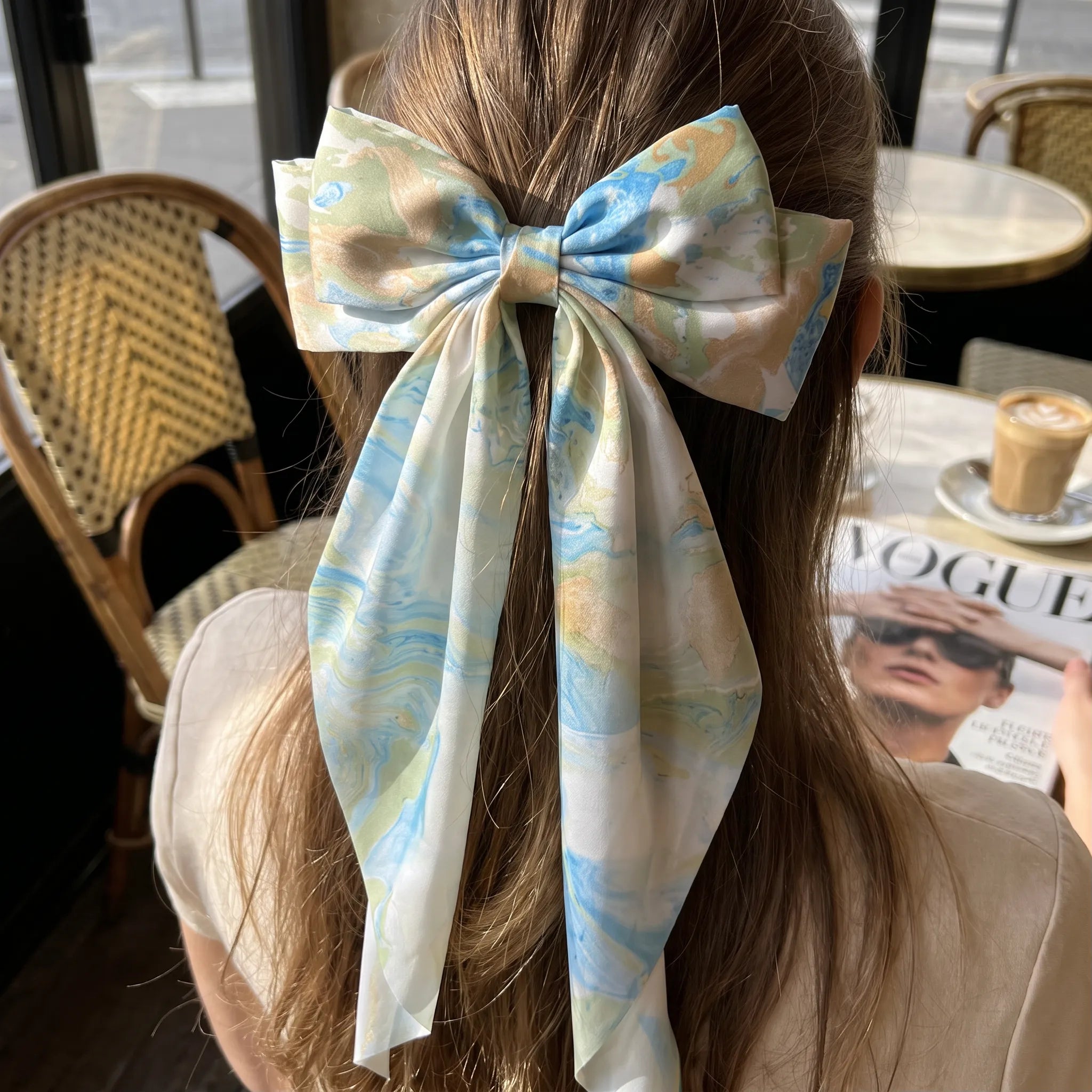 Traditional Chinese Lacquer Art Silk Bow Hair Ribbon — Coral & Mint Swirl