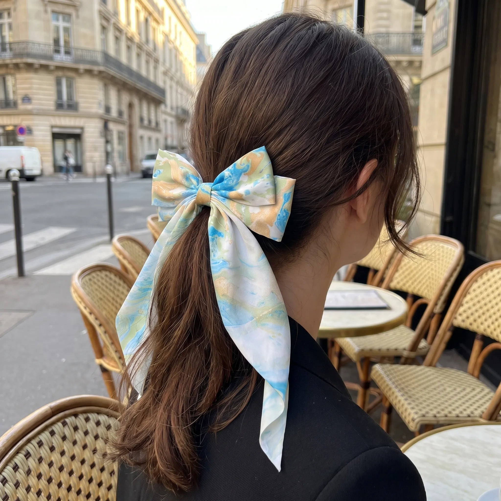 Traditional Chinese Lacquer Art Silk Bow Hair Ribbon — Coral & Mint Swirl