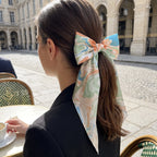 Traditional Chinese Lacquer Art Silk Bow Hair Ribbon — Coral & Mint Swirl
