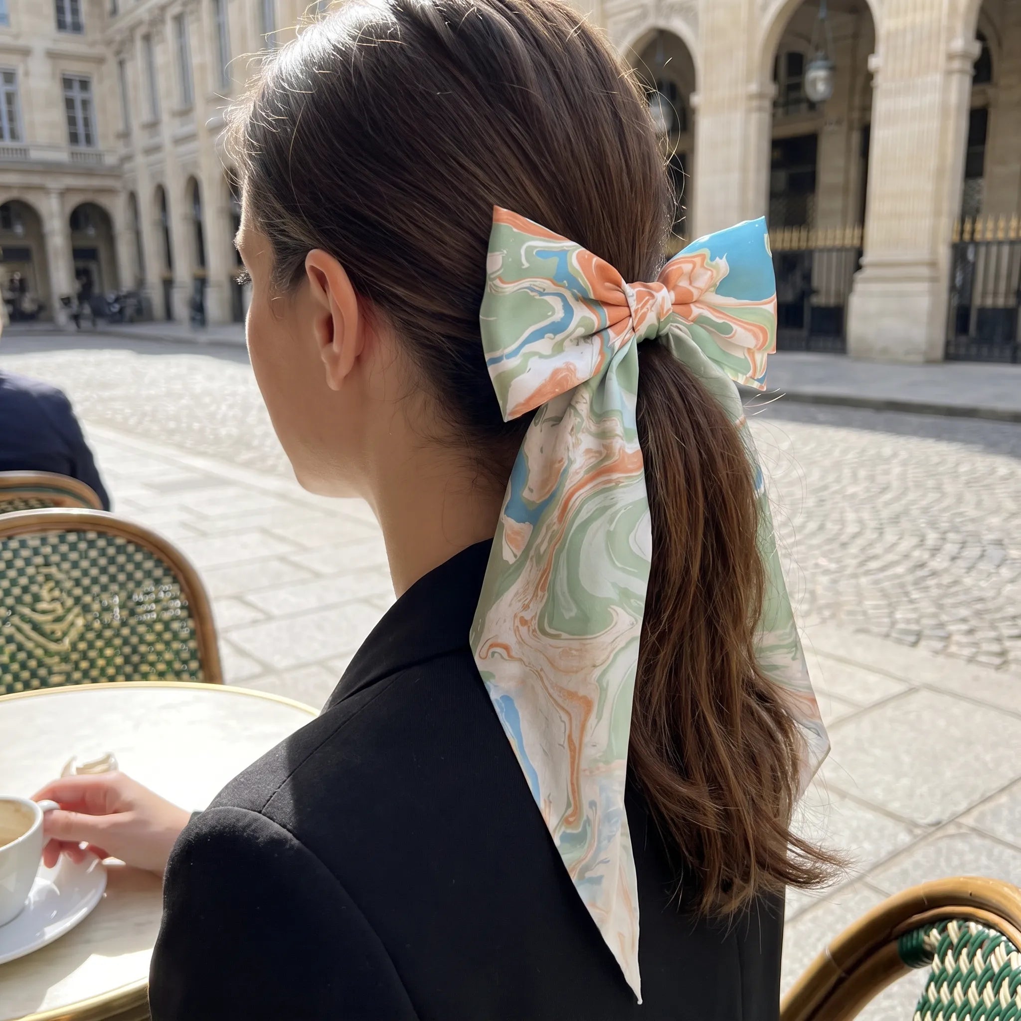 Traditional Chinese Lacquer Art Silk Bow Hair Ribbon — Coral & Mint Swirl