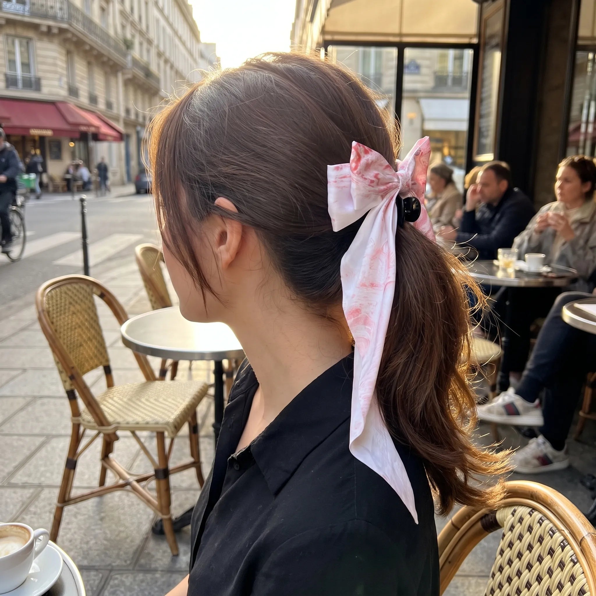 Traditional Chinese Lacquer Art Silk Bow Hair Ribbon — Cherry Blossom