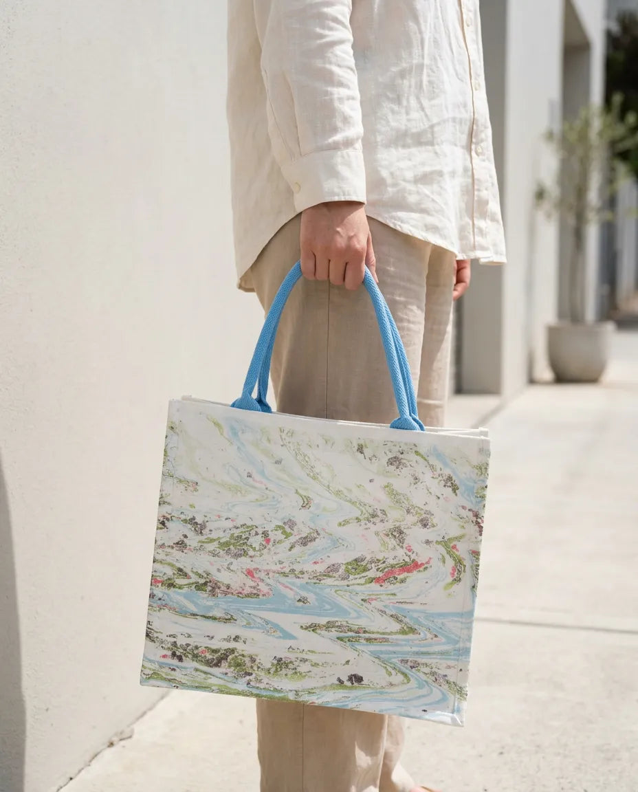 Traditional Chinese Lacquer Art Tote Bag — Landscape in Blue & Green