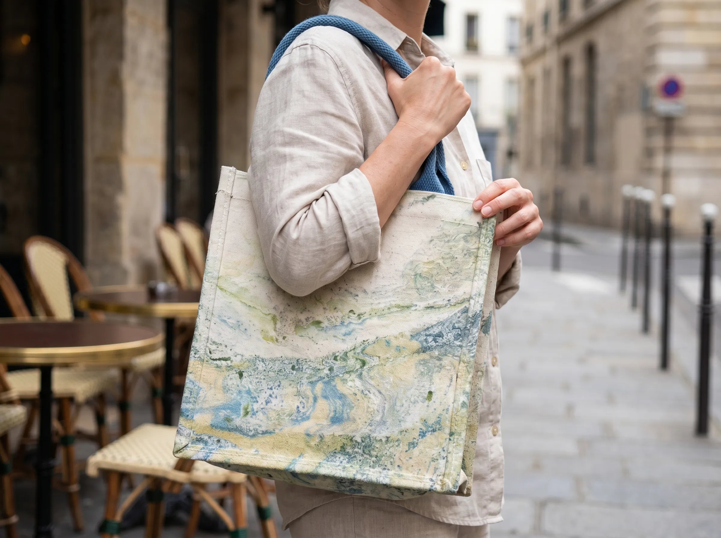 Traditional Chinese Lacquer Art Tote Bag — Landscape in Blue & Green