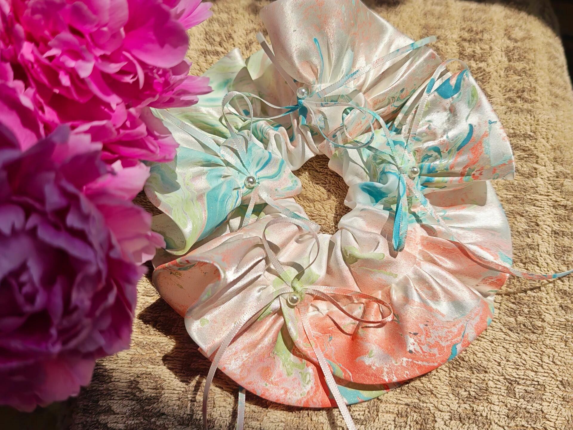 Marble Pattern Silk Scarf Headband & Scrunchie Set (Blue Gold Pearl)（副本）