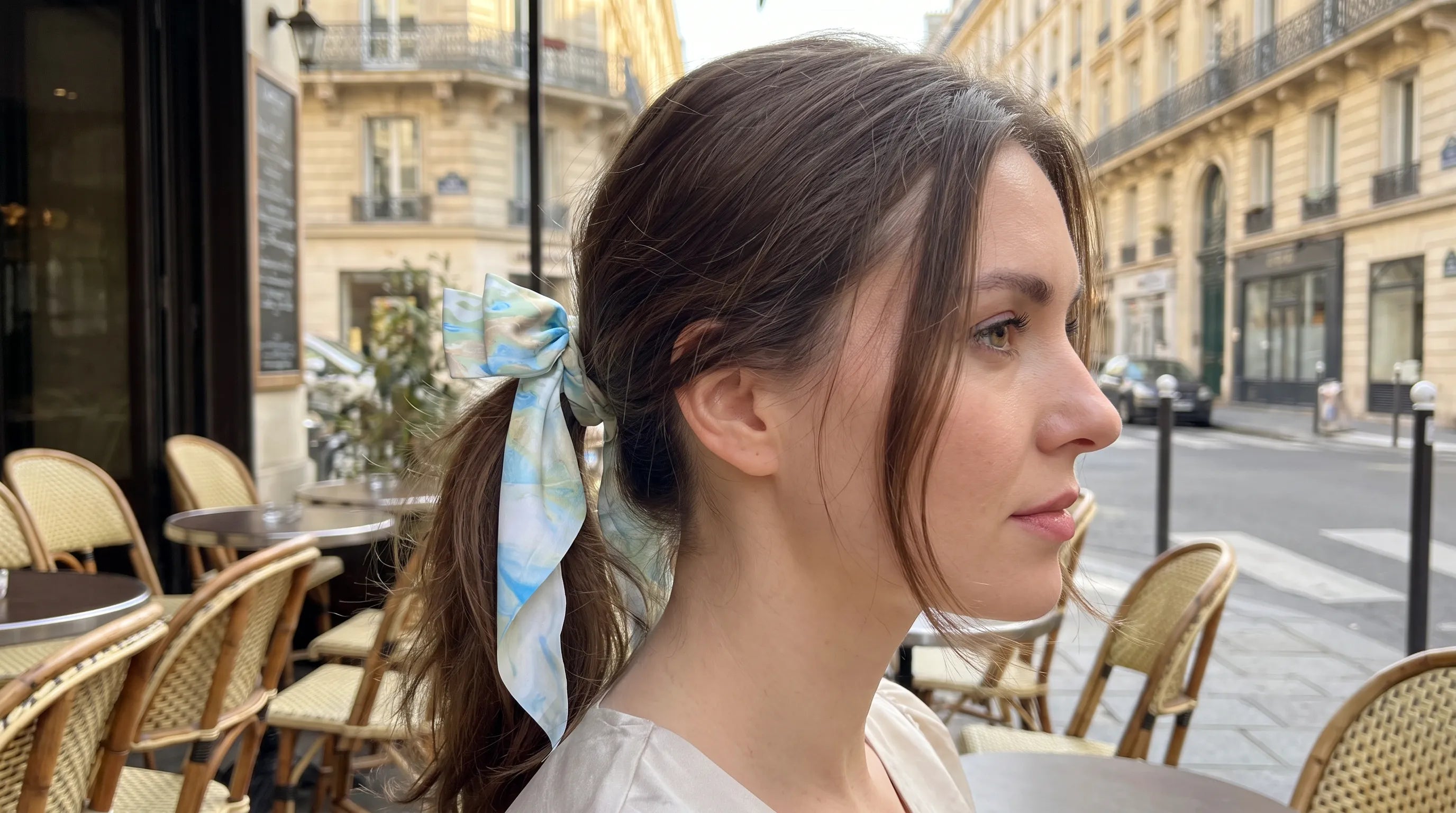 Traditional Chinese Lacquer Art Silk Bow Hair Ribbon — Azure & Sand