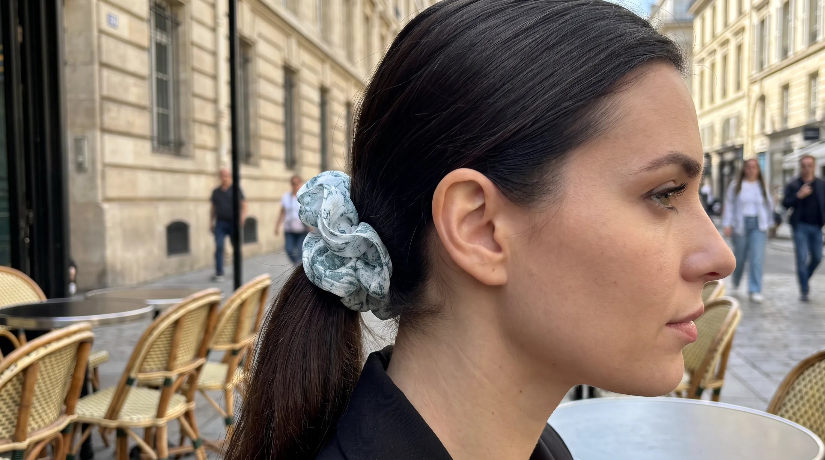 Traditional Chinese Lacquer Art Organza Scrunchie — Celadon Stone