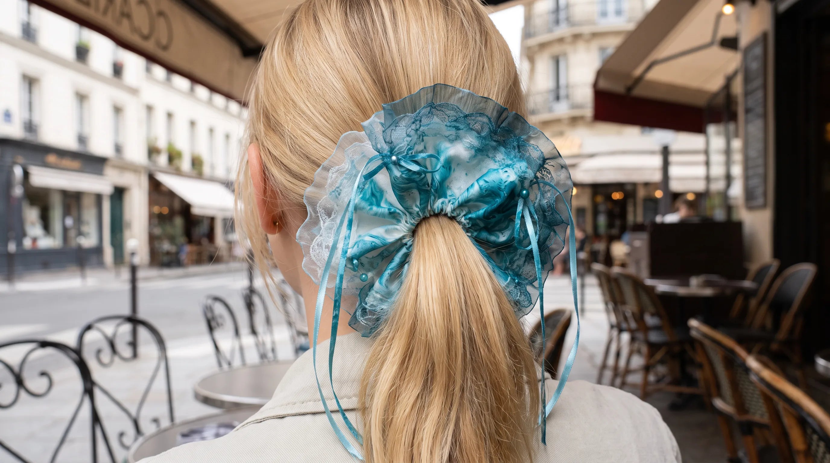Traditional Chinese Lacquer Art Pearl Scrunchie — Teal Tide