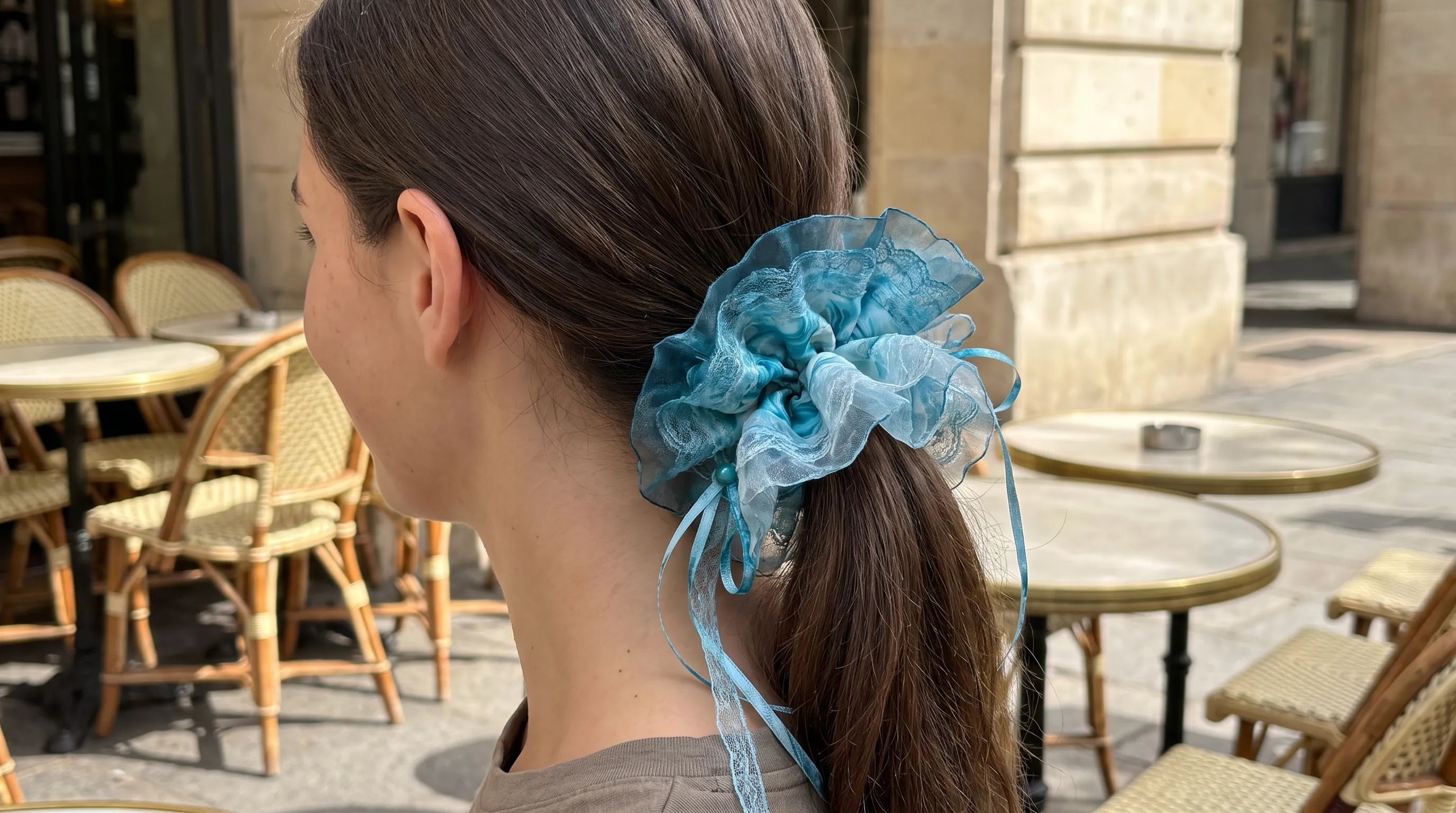 Traditional Chinese Lacquer Art Pearl Scrunchie — Teal Tide