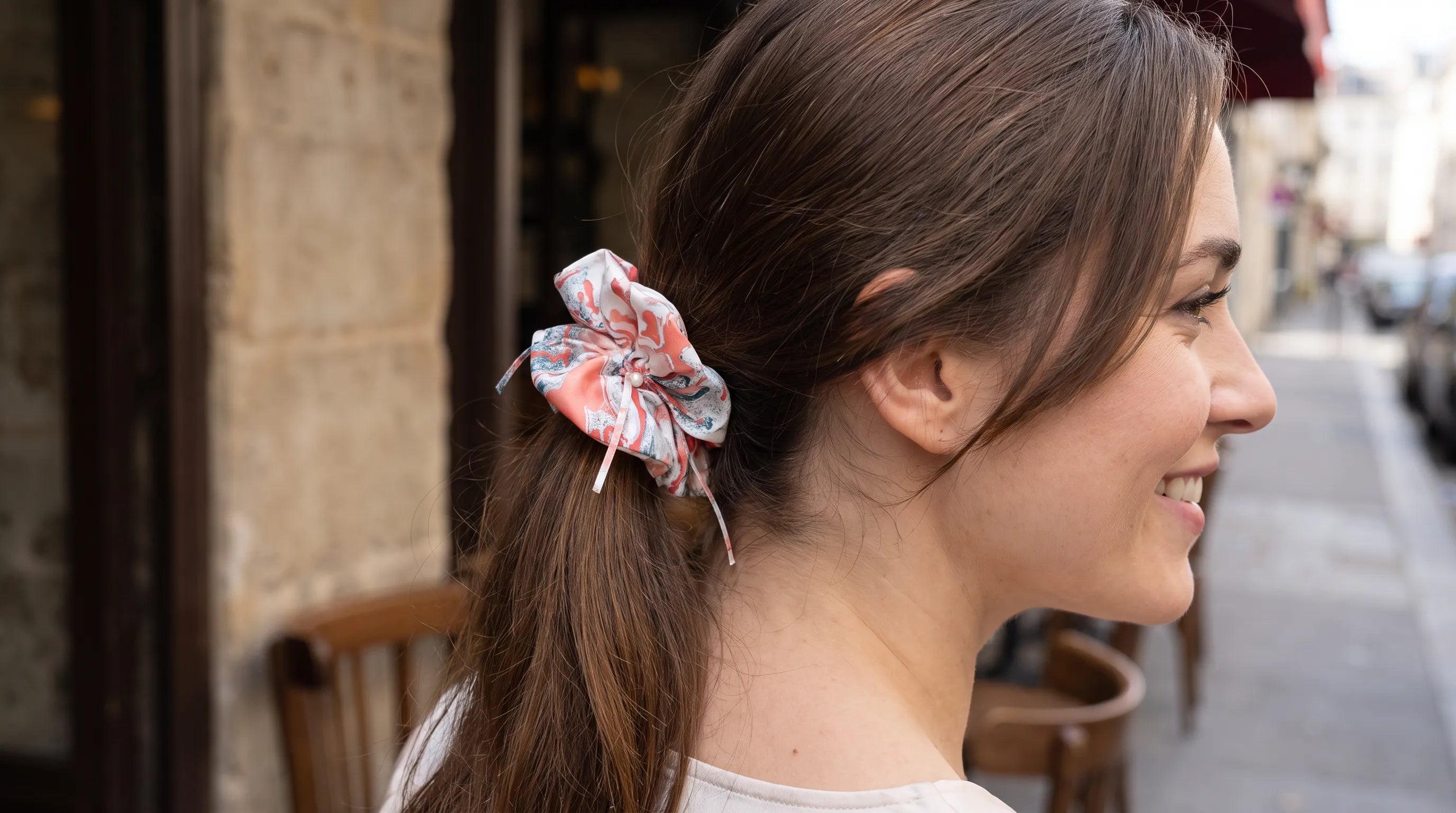 Traditional Chinese Lacquer Art Pearl Scrunchie — Rose & Silver Frost