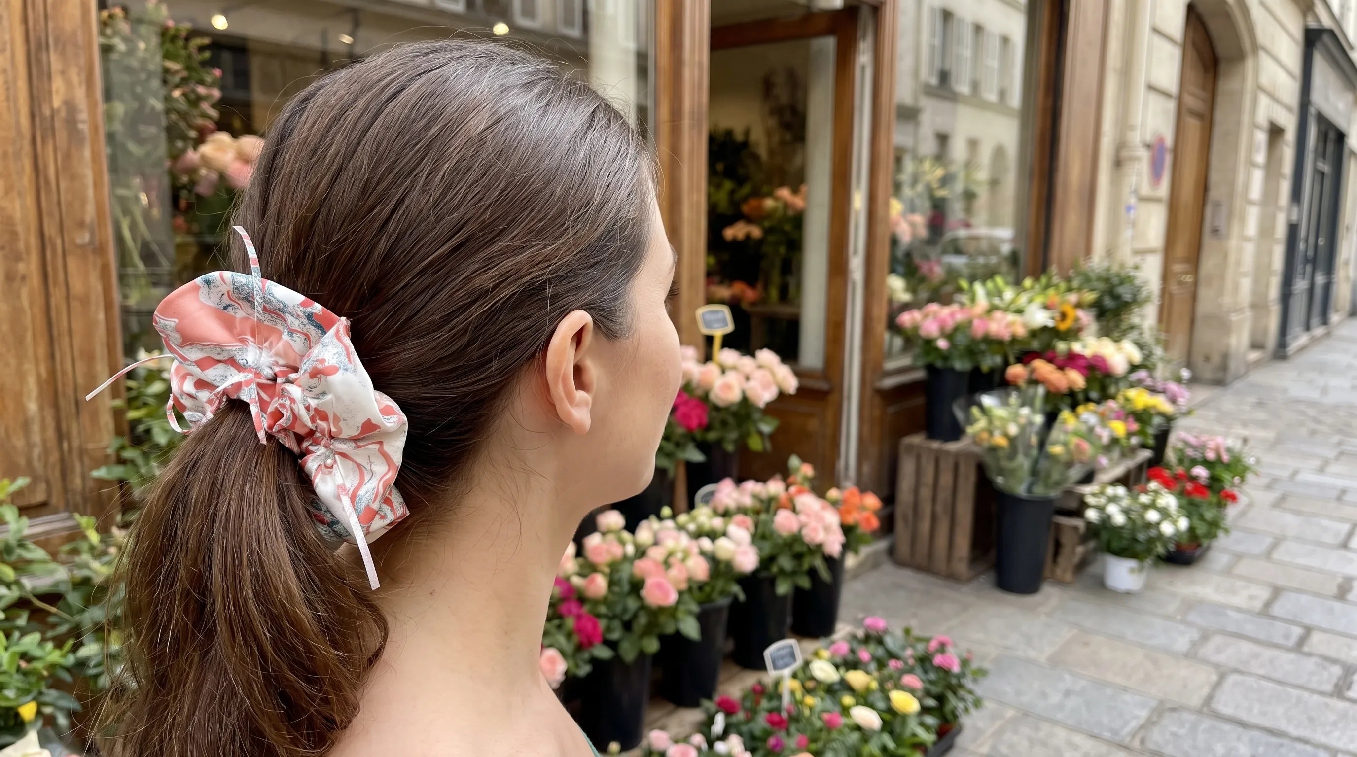 Traditional Chinese Lacquer Art Pearl Scrunchie — Rose & Silver Frost