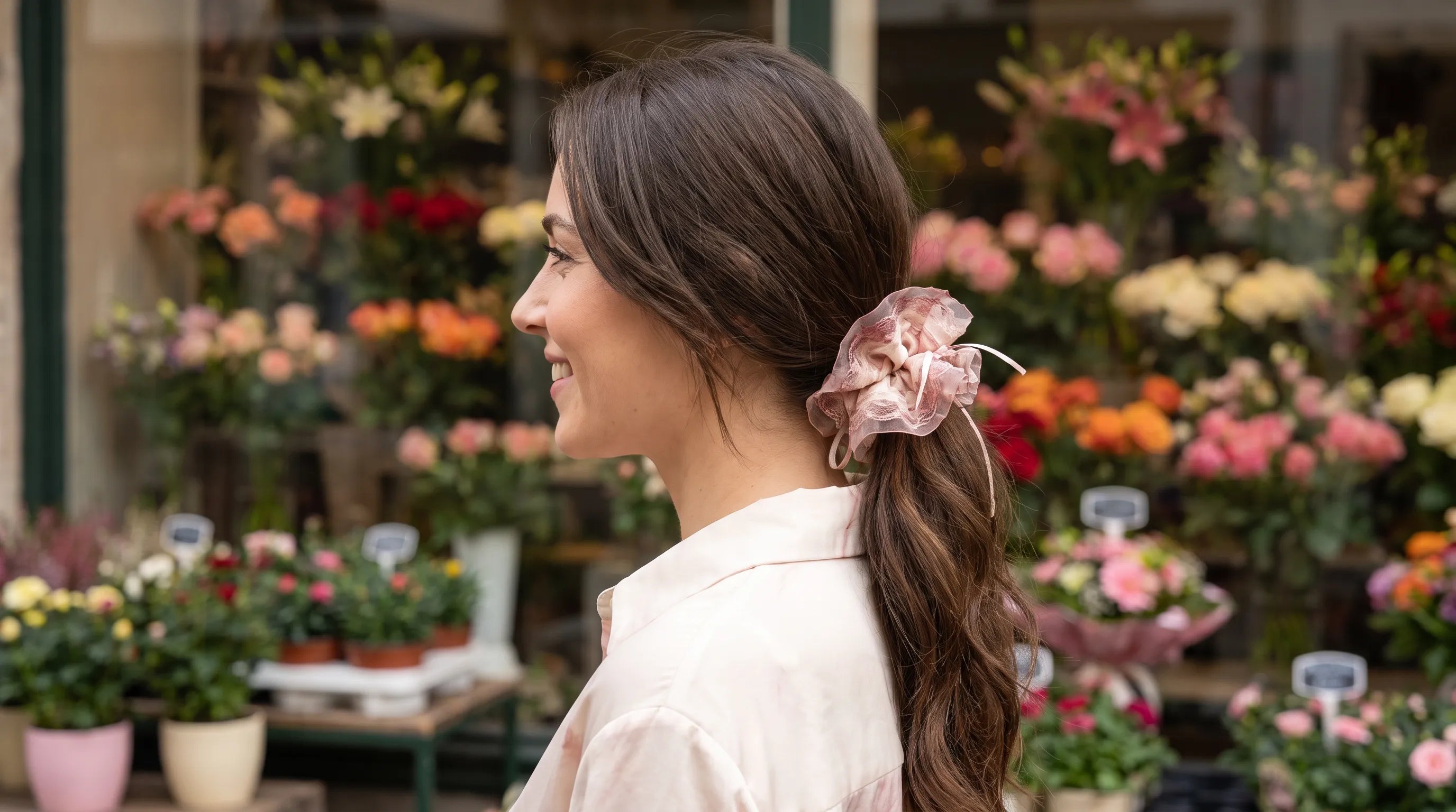 Traditional Chinese Lacquer Art Pearl Scrunchie — Peach Blossom