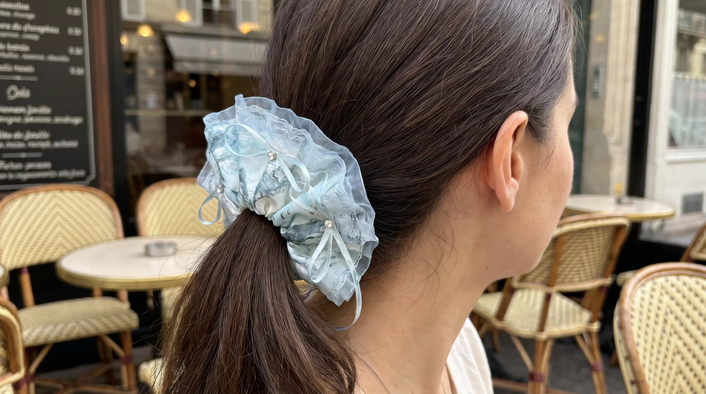 Traditional Chinese Lacquer Art Crystal Scrunchie — Glacier Blue