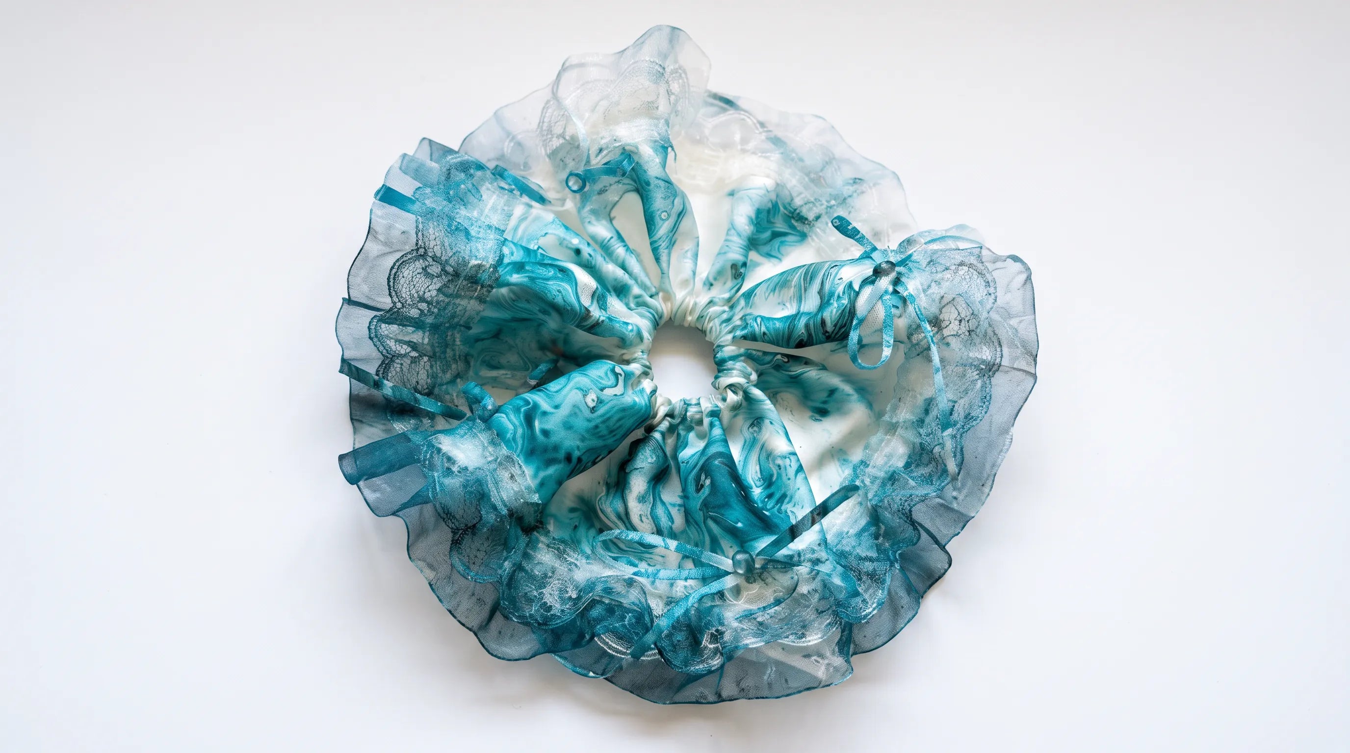 Traditional Chinese Lacquer Art Pearl Scrunchie — Teal Tide