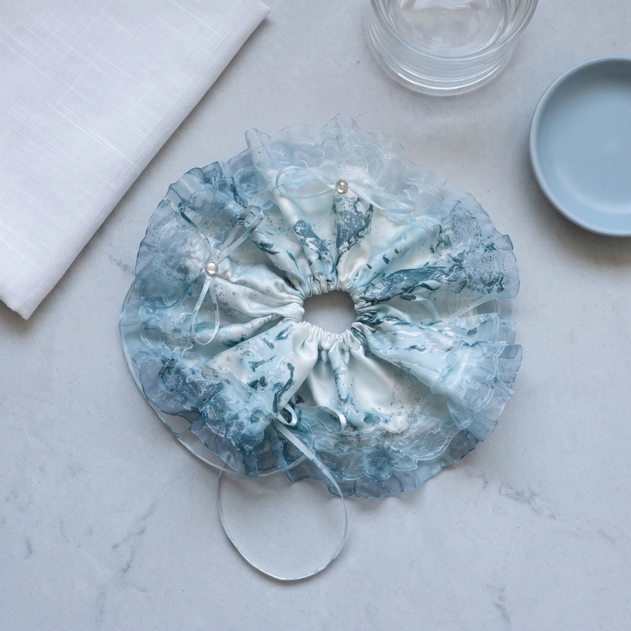 Traditional Chinese Lacquer Art Crystal Scrunchie — Glacier Blue