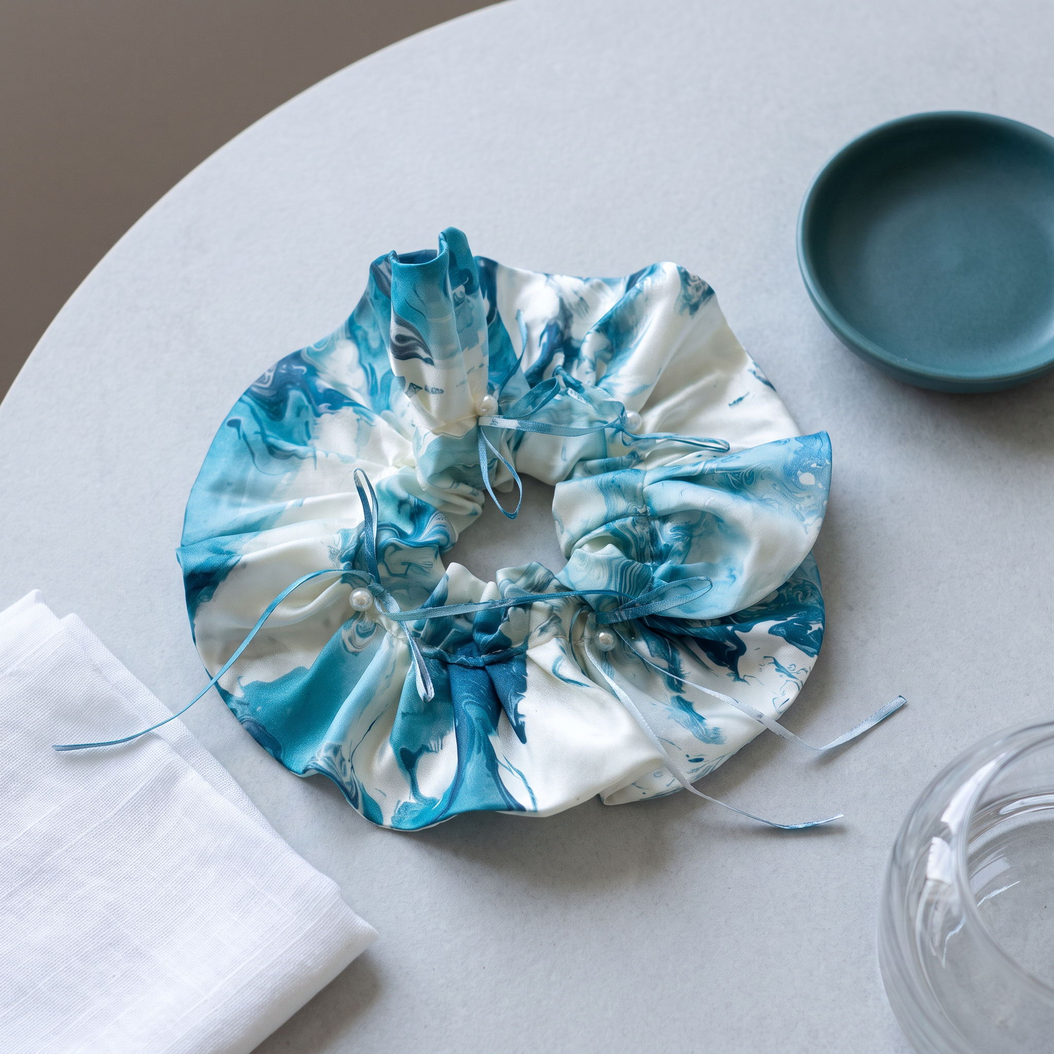 Traditional Chinese Lacquer Art Pearl Scrunchie — Teal & White Wave