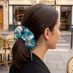 Traditional Chinese Lacquer Art Pearl Scrunchie — Teal & White Wave