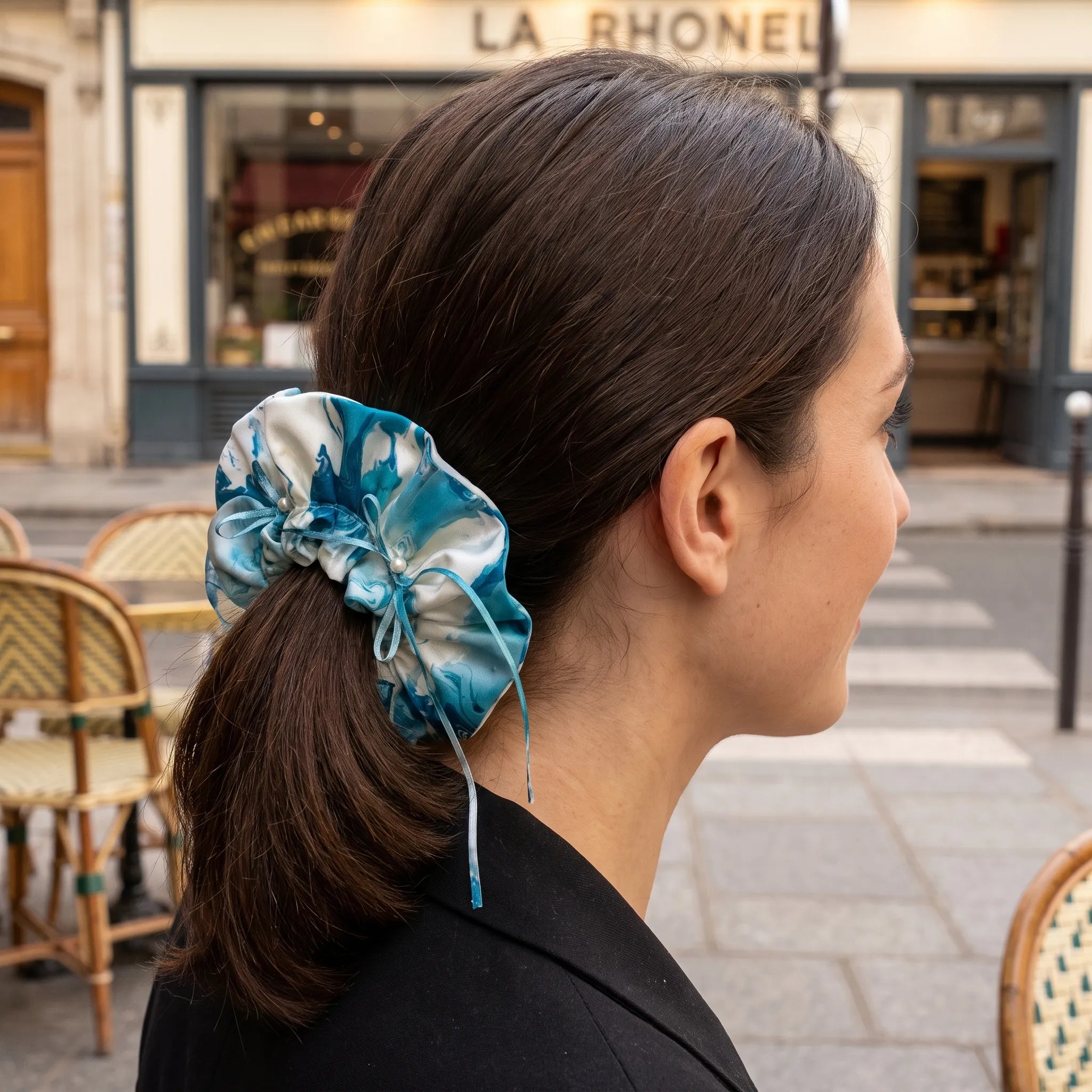 Traditional Chinese Lacquer Art Pearl Scrunchie — Teal & White Wave