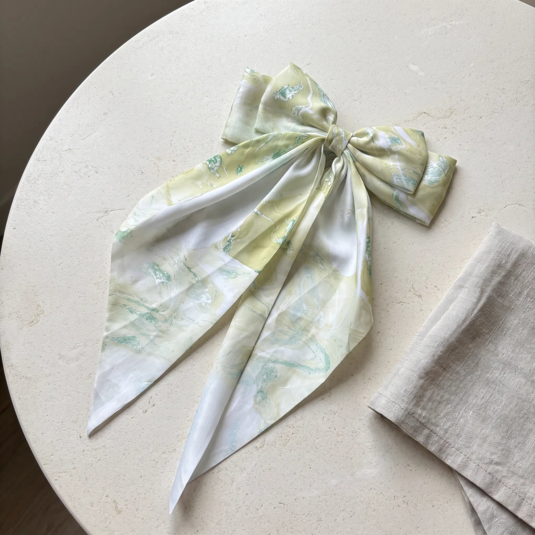 Traditional Chinese Lacquer Art Silk Bow Hair Ribbon — Celadon Mist
