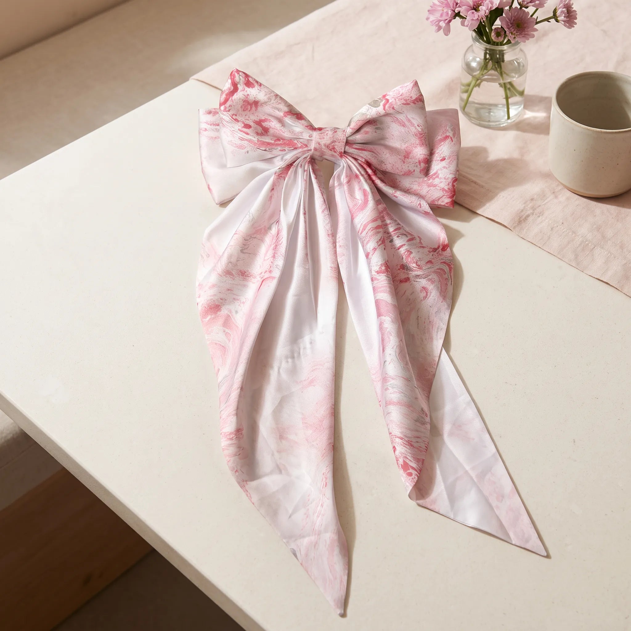 Traditional Chinese Lacquer Art Silk Bow Hair Ribbon — Cherry Blossom