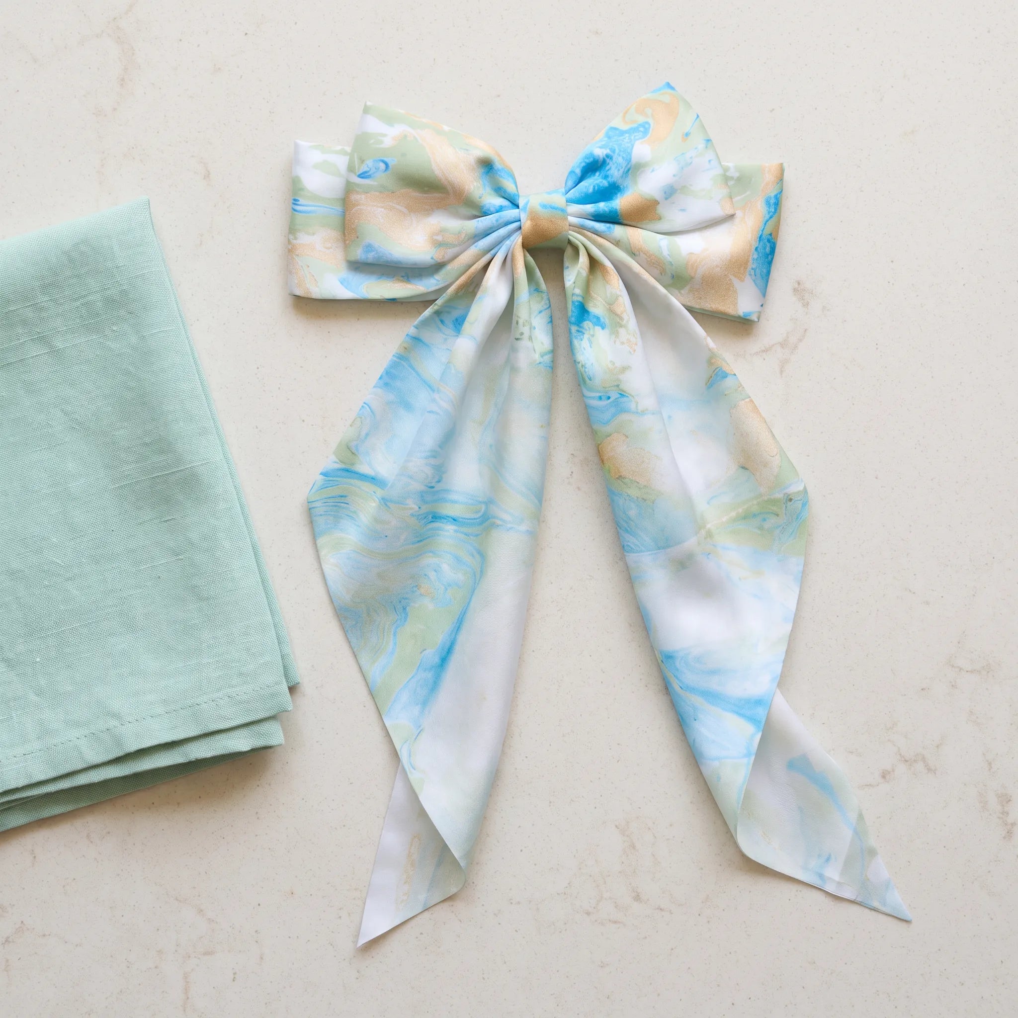 Traditional Chinese Lacquer Art Silk Bow Hair Ribbon — Azure & Sand