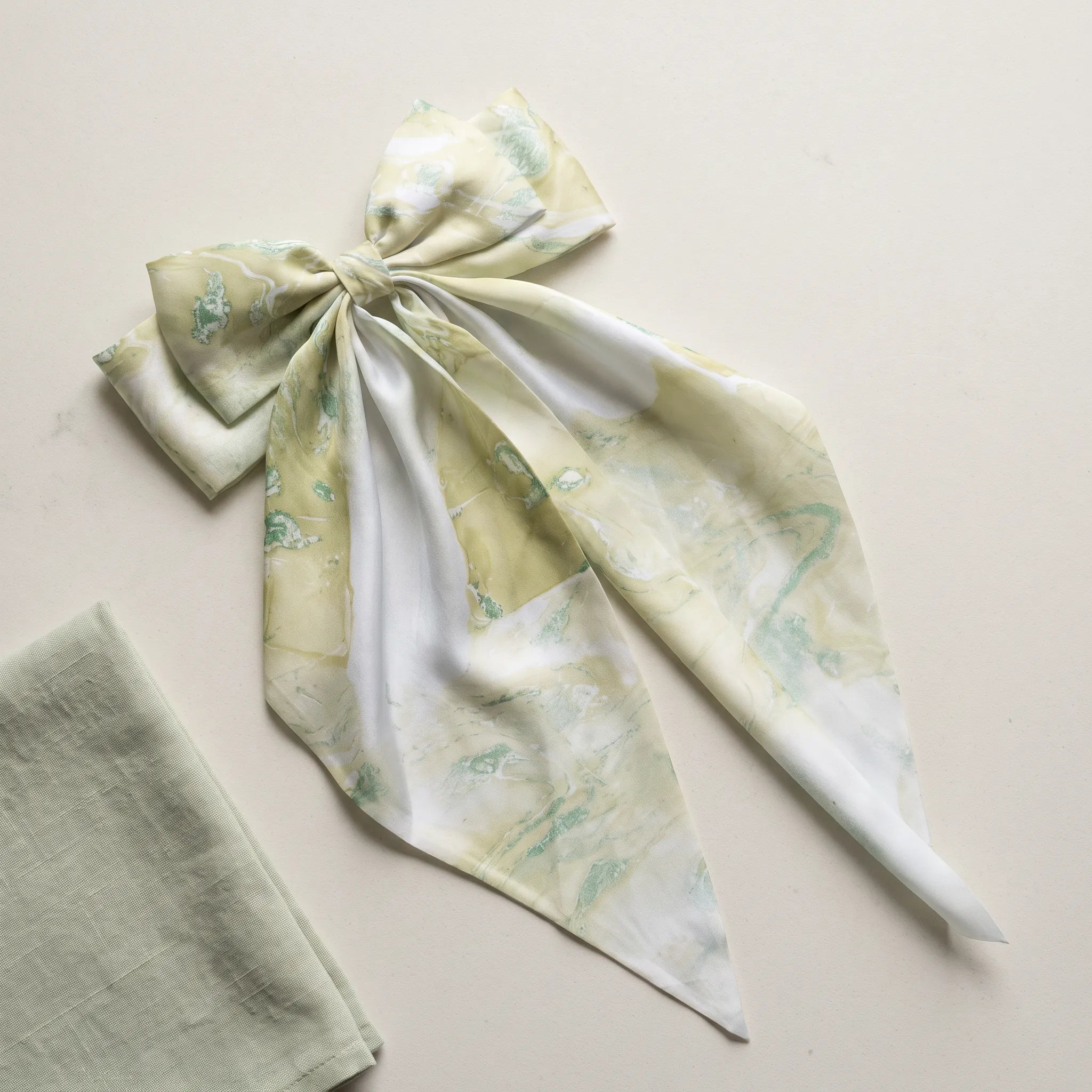 Traditional Chinese Lacquer Art Silk Bow Hair Ribbon — Jade Mist