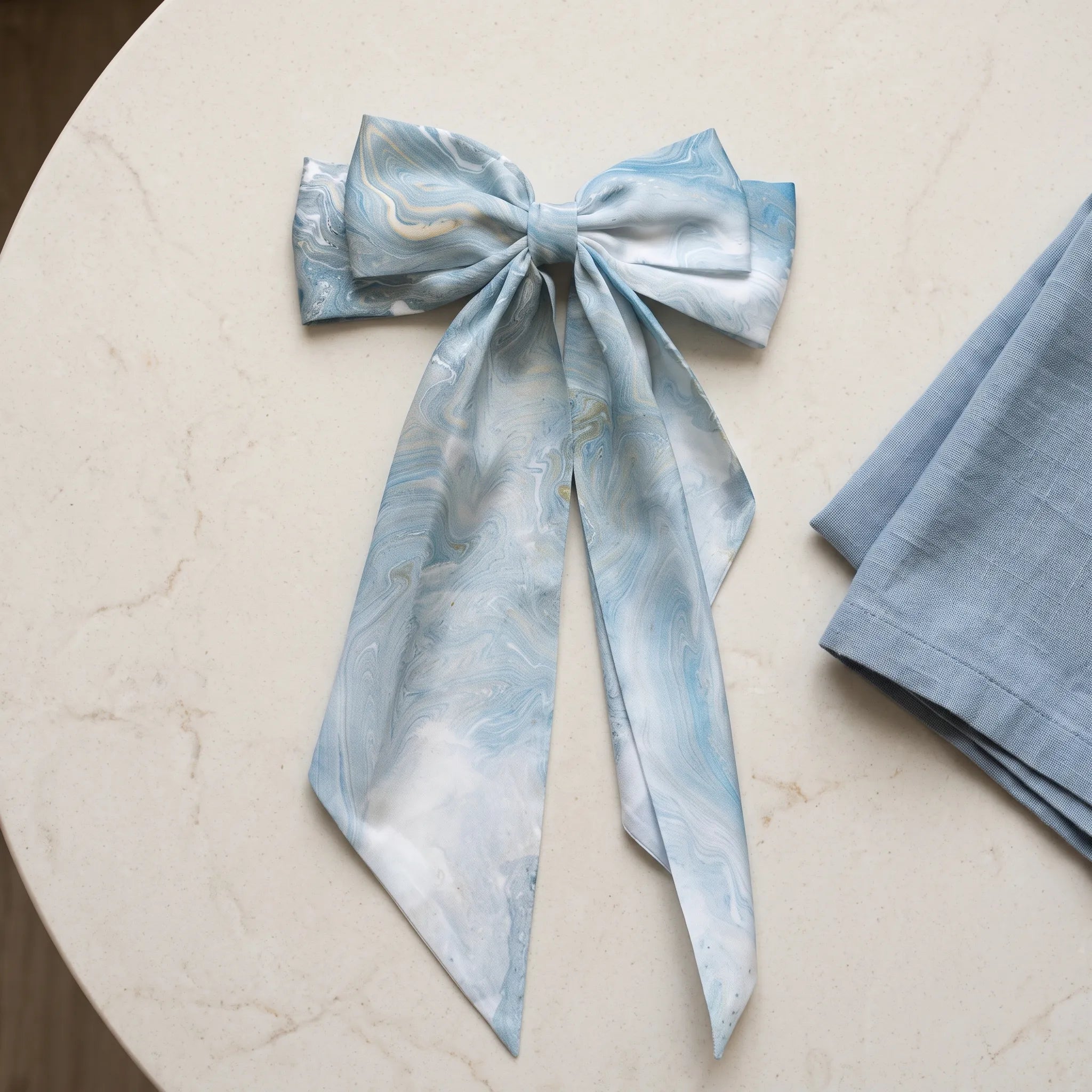 Traditional Chinese Lacquer Art Silk Bow Hair Ribbon — Sky & Pearl