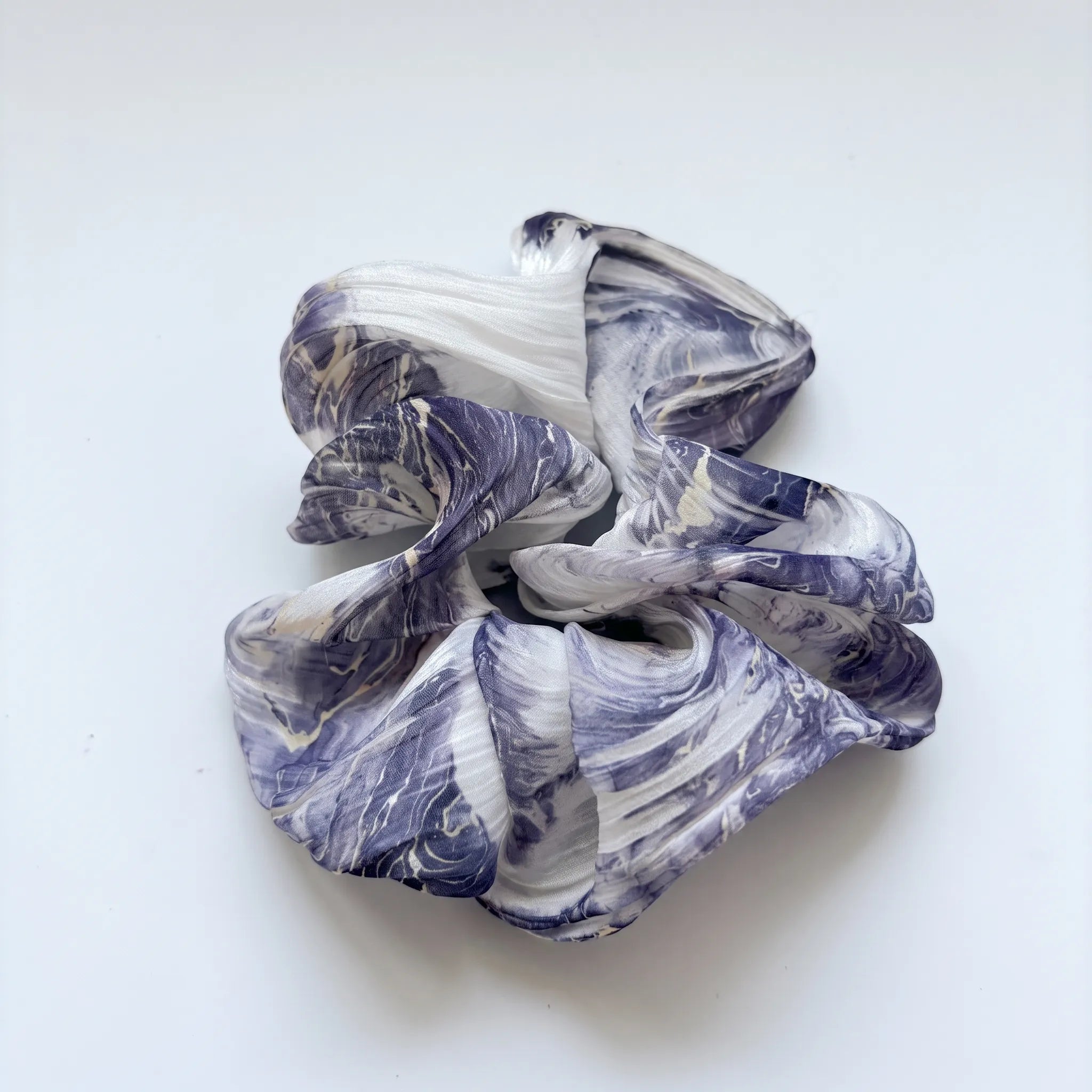 Traditional Chinese Lacquer Art Silk Scrunchie — Indigo Swirl